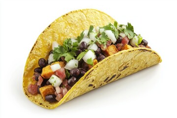 Colorful taco with sweet potato black beans tomatoes onion and cilantro offering an open invitation to authentic taste