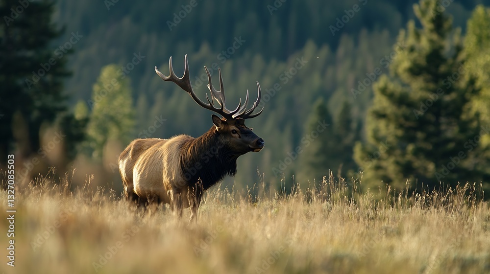Poster majestic stag standing in a grassy field surrounded by lush green trees and nature : generative ai