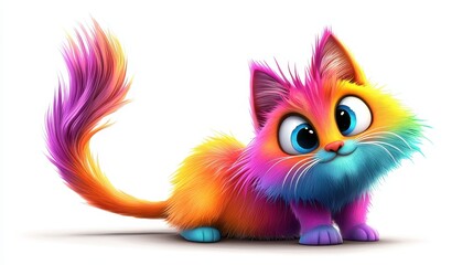 Naklejka premium A colorful cat clipart with exaggerated features, including big eyes and a fluffy tail, conveying a sense of whimsy and joy in a cartoonish style.