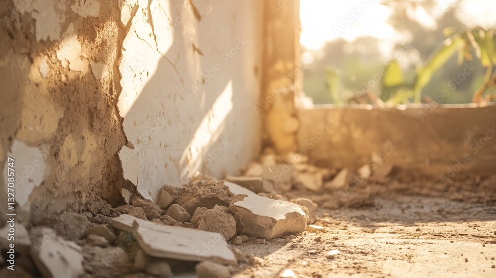 Poster the interior of a sunlit abandoned building showcasing peeling walls and debris casting shadows on t
