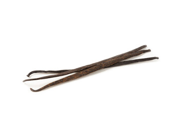Vanilla pods isolated on white background. Vanilla flowers and seeds. vanilla stick bean. Aromatic spicy spice for pastries and desserts. Seasoning. Space for text. Copy Space