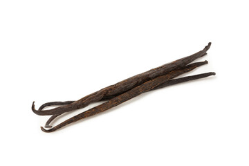 Vanilla pods isolated on white background. Vanilla flowers and seeds. vanilla stick bean. Aromatic spicy spice for pastries and desserts. Seasoning. Space for text. Copy Space