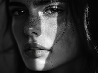 Fototapeta premium A close-up photo of a woman's face featuring freckles, suitable for beauty or personal use