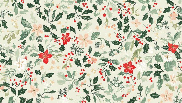 A light green Christmas floral pattern with red and dark-green accents, including holly leaves, flowers, snowflakes, stars, and mistletoe elements in a repeating design on an isolated background
