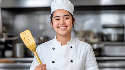 Culinary Confidence: A young chef, radiating with confidence, holds a spatula, poised in a professional kitchen, embodying culinary passion and skill.