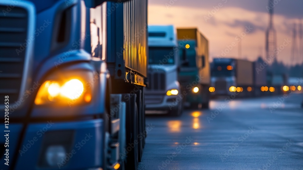 Poster row of heavyduty trucks lined up on a highway at dusk illuminated by glowing headlights : generative