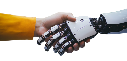 Human and robotic hands shake in a demonstration of advanced technology and collaboration in artificial intelligence and robotics development