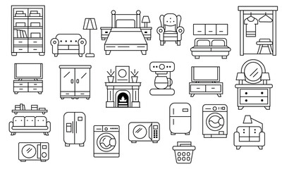 A set of linear furniture and home appliance icons. Includes a bed, sofa, armchair, wardrobe, table, TV, refrigerator, washing machine, coffee maker, fireplace, and other interior items.