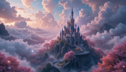 Enchanting castle in the clouds fantasy landscape digital art serene environment dreamlike viewpoint