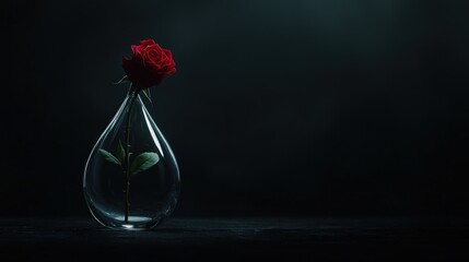 Red rose in teardrop-shaped vase, dark background, spotlight, romantic