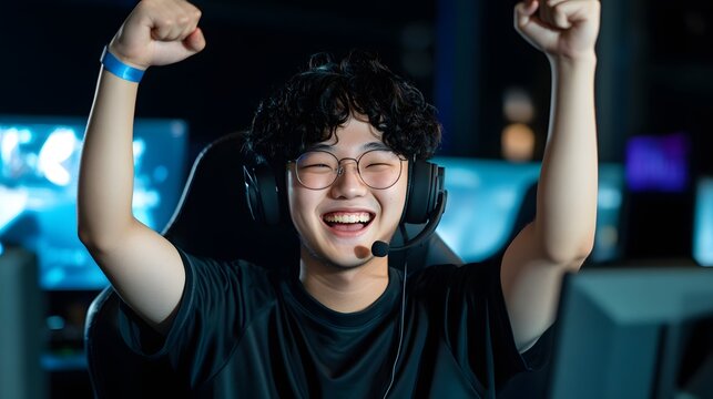 Victory of Gaming Champion: A young and exuberant gamer celebrates a triumphant win. He's radiating joy, success, and accomplishment in a competition.