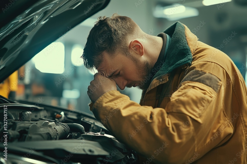 Poster a person checking the engine compartment of a vehicle, possibly diagnosing a problem