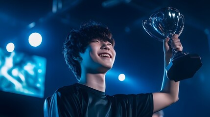 Gleam of Victory: A victorious figure proudly raises a gleaming trophy high, bathed in the electric glow of accomplishment and recognition, a moment frozen in the zenith of triumph.