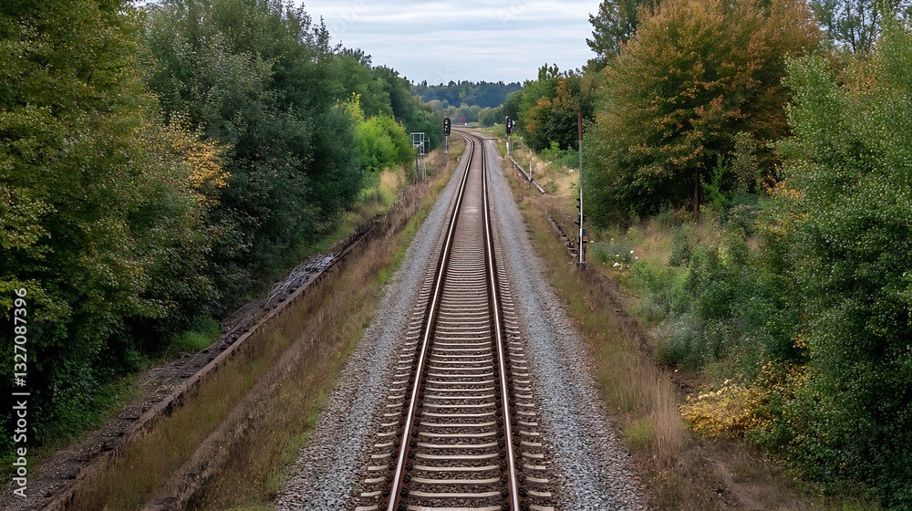 Poster rustic railway tracks meandering through a lush green landscape lined with trees and vibrant foliage