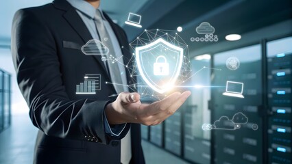 A businessman in a sleek suit holding a glowing futuristic icon, representing innovation and modern business solutions