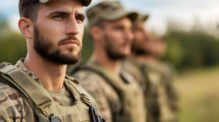 Fototapeta premium Military training exercise soldiers in formation outdoor environment action moment