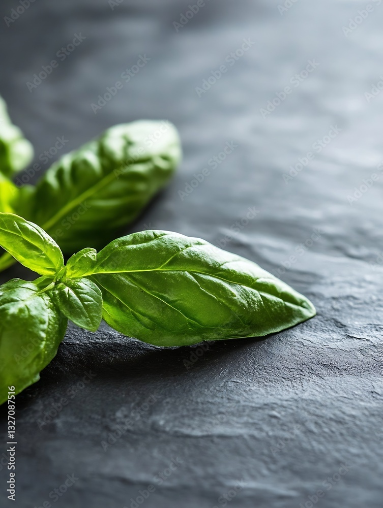 Poster vibrant basil leaves highlighted against a dark stone background reflecting freshness and culinary p