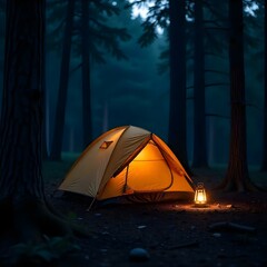 A yellow tent with a lantern in a dark forest with tall trees and a dark blue sky in the background