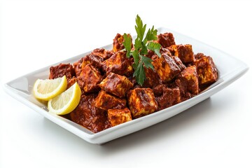 Fototapeta premium Appetizing paneer tikka masala with lemon garnish on a white tray flavorful and aromatic culinary experience in elegant dining style