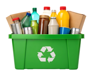 Green recycling bin full of various recyclable materials.