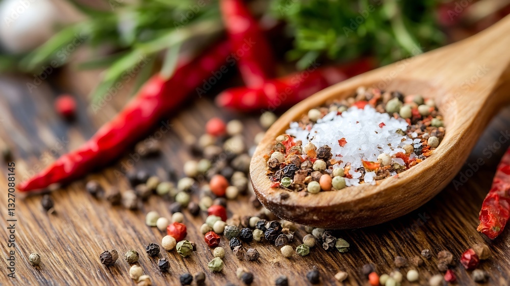 Poster flavorful mix of various spices and salt arranged on a wooden table ready for cooking and seasoning 