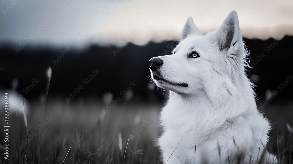 Poster majestic white dog gazing intently into the distance with a backdrop of soft grass and a peaceful at