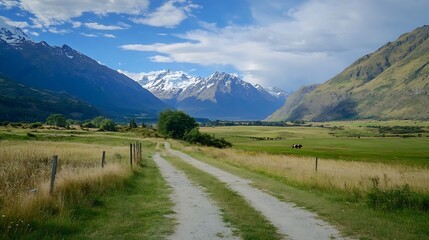 Picturesque dirt road winding through lush pastures with dramatic mountain backdrop on a sunny day : Generative AI