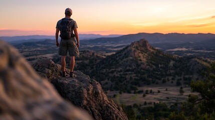 Obraz premium Stunning sunset view from the mountain top showcasing a silhouetted hiker enjoying nature and adventure : Generative AI