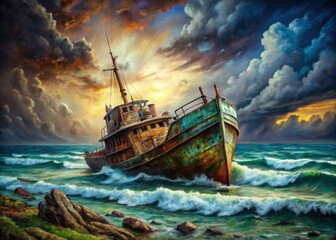 Abandoned Shipwreck Painting, Ocean Seascape, Maritime Art, Coastal Ruins, Nautical Painting,  Vintage Ship,  Sea Painting,  Old Shipwreck,  Dramatic Seascape,  Oil Painting Style