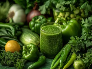 Green Smoothie and Assortment of Vibrant Green Vegetables