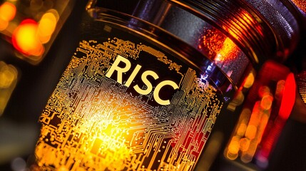 macro photograph of a microchip with RISC architecture, showing fine etching of "RISC" and the multiple layers of silicon under the microscope. "RISC" Macro photograph, RISC microchip, fine 