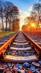 Fototapeta premium A train track with a sunset in the background