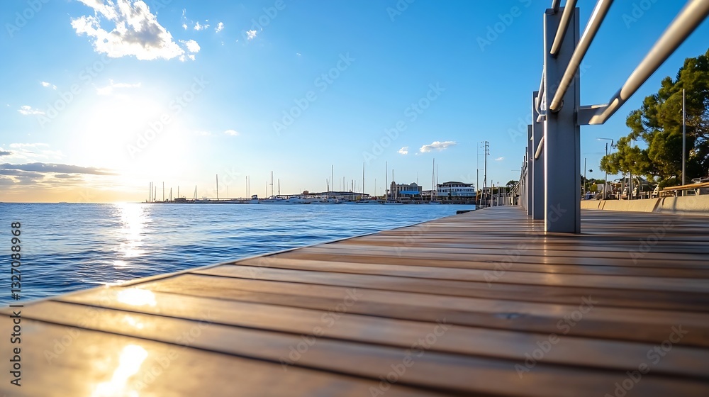 Poster scenic view of a waterfront boardwalk surrounded by calm waters and a beautiful sunset : generative 