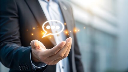 A businessman's hand holding a glowing chat icon, symbolizing collaboration and advanced business strategies