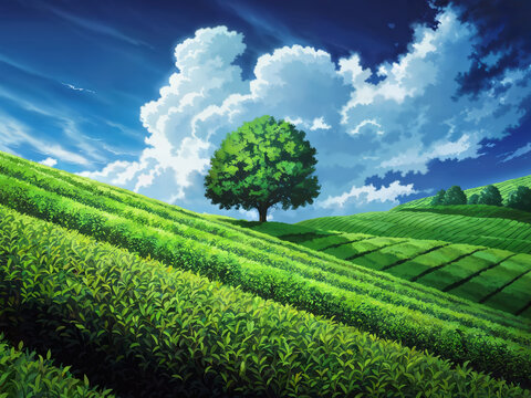 Anime landscape: Bright green tea plantation hillside, lone tree, fluffy clouds, and blue sky.