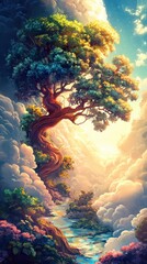 A Majestic Tree Stands Above a Serene and Dreamlike Landscape