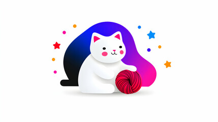 Obraz premium Playful White Cat with Pink Yarn Ball and Colorful Background