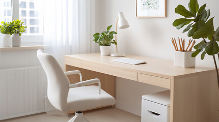 Fototapeta premium stylish scandinavian home office with indoor plants