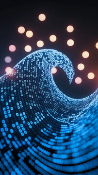 Abstract blue wave of binary code against a dark background with blurred lights, symbolizing data flow, digital technology, or information processing