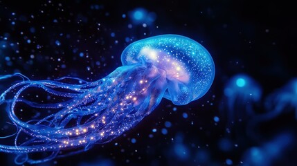 Fototapeta premium Glowing Jellyfish in Deep Ocean (1)