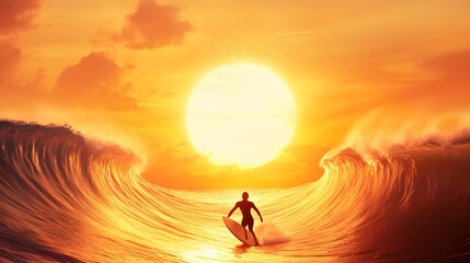 Sunset Surfer: A lone surfer, silhouetted against a radiant sunset, stands poised on their surfboard as they face the breaking waves of the ocean, embracing the thrill of the moment.