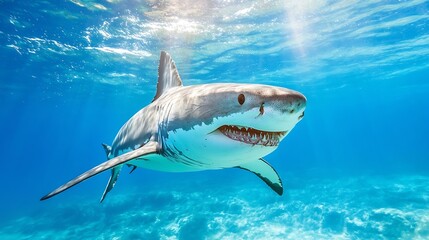Fototapeta premium Majestic great white shark swimming gracefully in clear blue ocean waters : Generative AI
