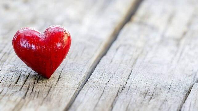 Single vibrant red wooden heart placed on a textured light wooden surface : Generative AI