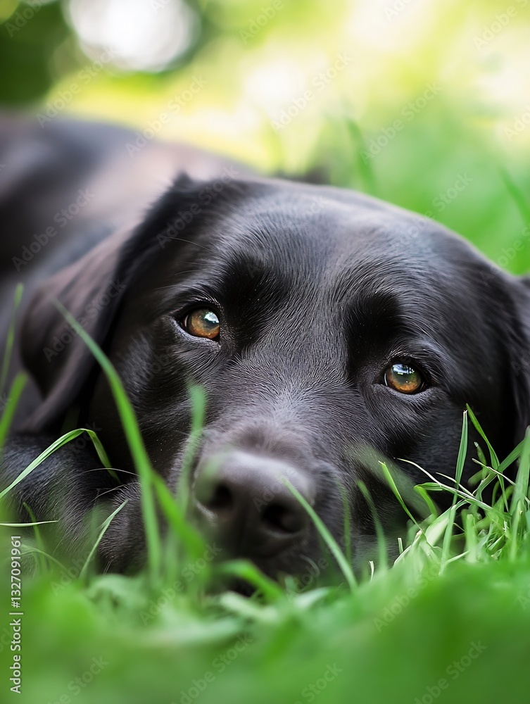 Aufkleber Adorable close up portrait of a black Labrador retriever resting in the grass with a curious expression : Generative AI