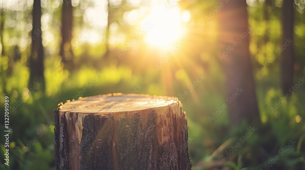 Poster sun shining through trees onto a freshly cut tree stump in a lush green forest symbolizing nature's 