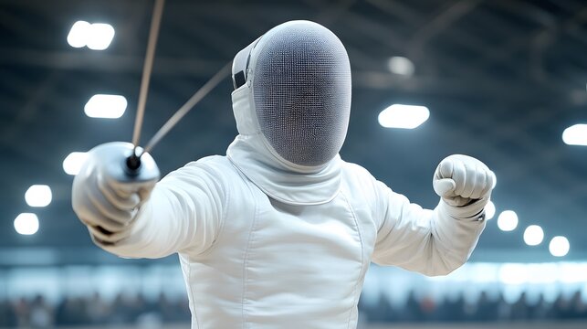 Fencer in Action: A determined fencer poised and focused, in a fencing match. The determination in their eyes speaks volumes as they compete with agility. - Powered by Adobe