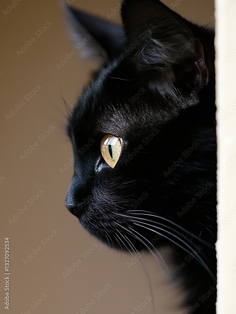 Poster striking closeup of a black cat with captivating green eye gazing thoughtfully from a shadowy corner