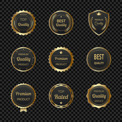Fototapeta premium Elegant black and gold label set with luxury design. Ideal for best quality tags, award emblems and certified seals for top rated products. Premium vector badges for branding and packaging.