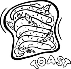 Vector toast in sketch style. Hand drawn illustration. Sandwich with cheese, avocado and seeds. Vector icon.