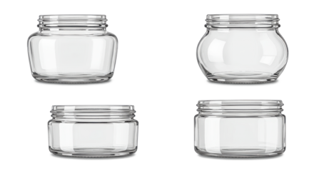 Set of Empty Transparent Glass Jars in Different Shapes for Storage, Kitchen, ,isolated on a transparent background, PNG, cutout, or clipping path.
